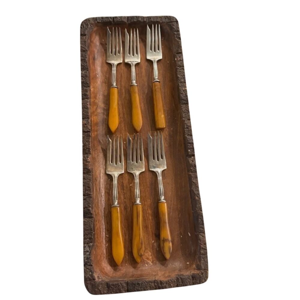 Vintage Silver Plate Cocktail Fork Set - Set of 6 - Amber Handles